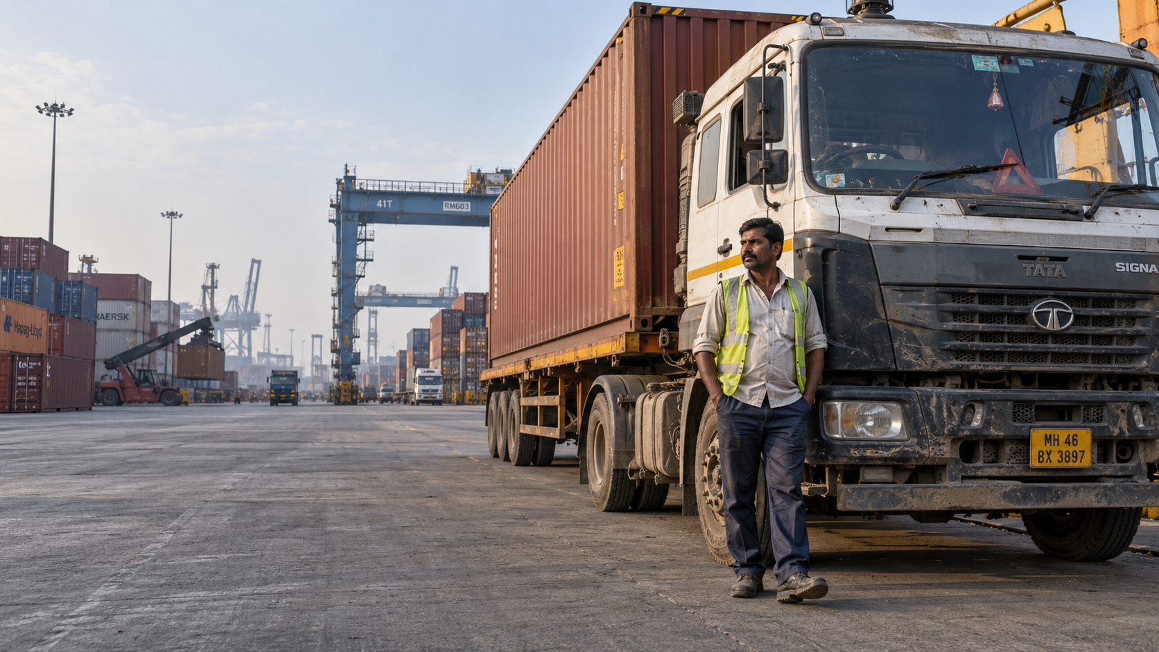 Fahrer in Warnweste vor einer Sattelzugmaschine im Containerhafen – illustrative Darstellung, keine Kandidaten- oder Partnerangabe