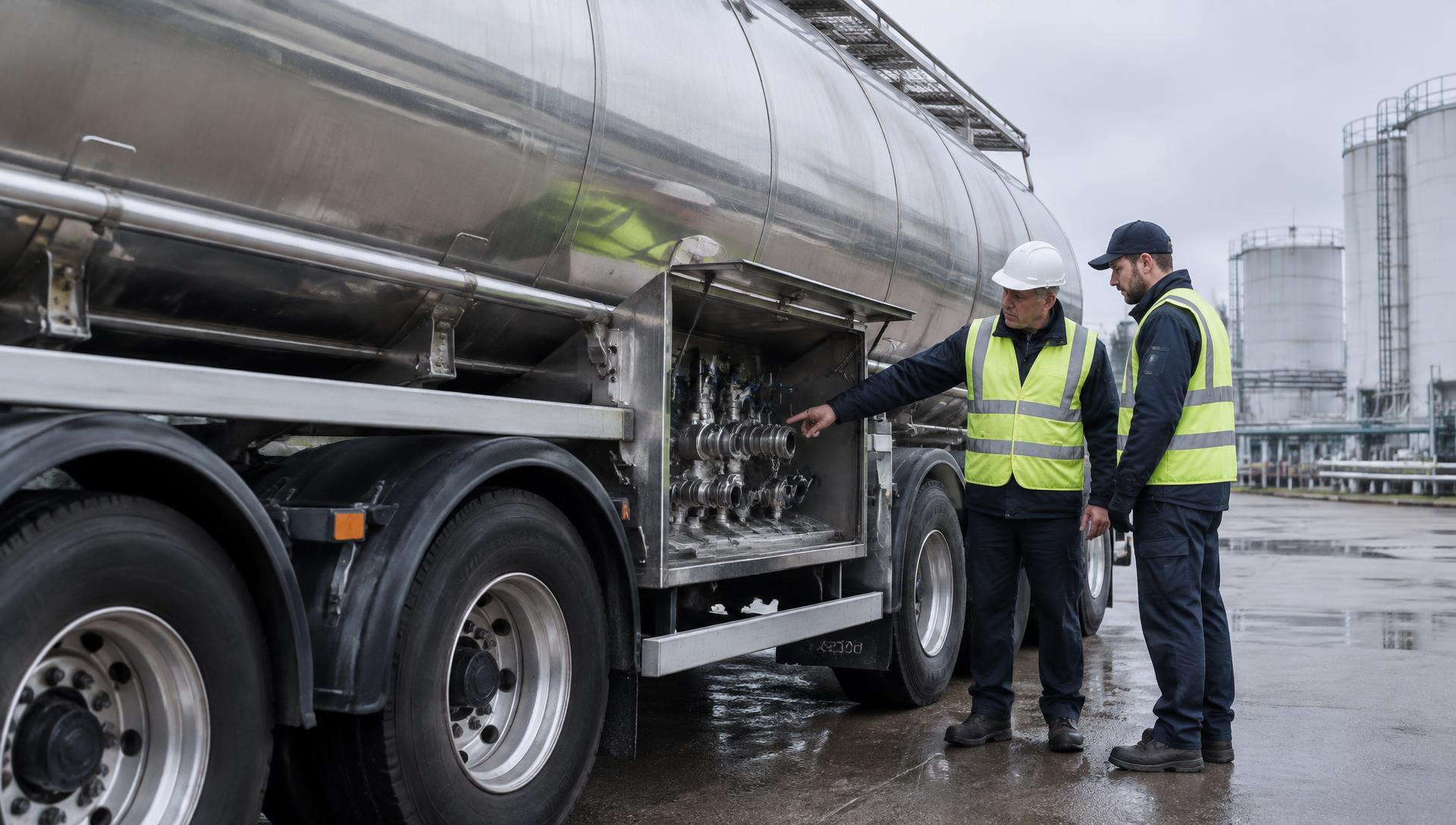Ausbilder erklärt einem Fahrer die Armaturen eines neutralen Tankaufliegers – illustrative Szene