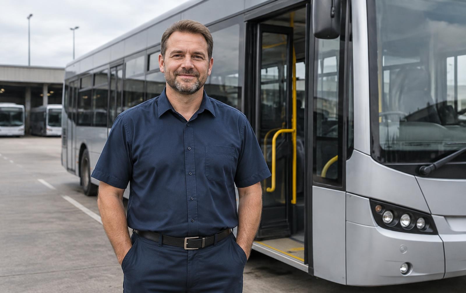 Conductor junto a un autobús sin marcas – escena ilustrativa